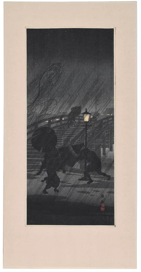 Shōtei Takahashi, Sudden Rain, woodblock print