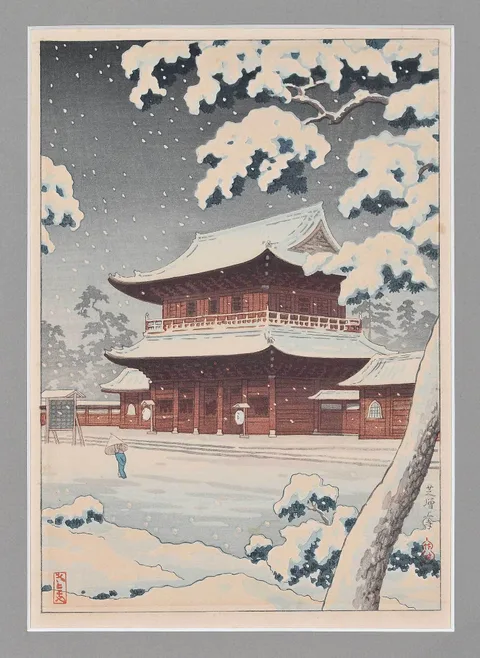 Koitsu Tsuchiya, Shiba Zozoji Temple, circa 1930s, woodblock print with embossed surface