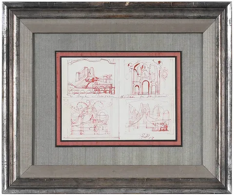 Eugene Berman Theater Drawing, 4 Ideas for Don Giovanni, 1957, red ink on one sheet