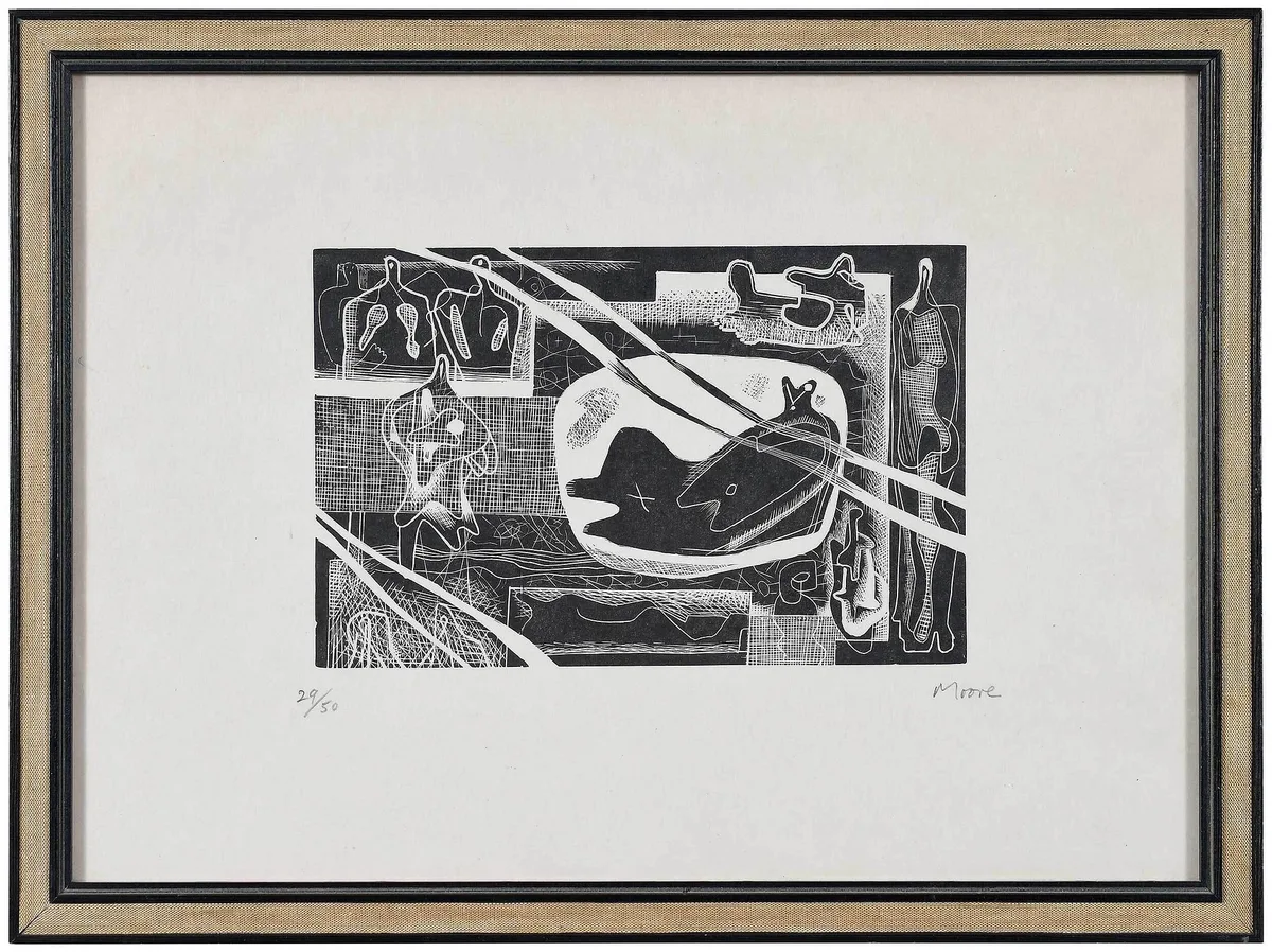 Figures Sculptures by Henry Moore, 1931, woodcut on Japon nacre paper, sold Oct 2022
