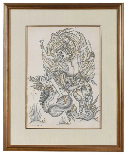 Garuda fighting a Naga by Ida Bagus Anom, ink on paper with gold painted highlights, sold Apr 2022