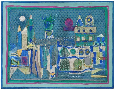 Jean Varda Abstract Figural Collage, Cityscape with Castle, mixed media collage on wood panels