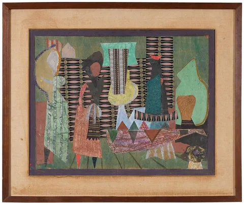 Jean Varda Abstract Figural Collage, Two Women by a Table, mixed media and collage on plywood panel