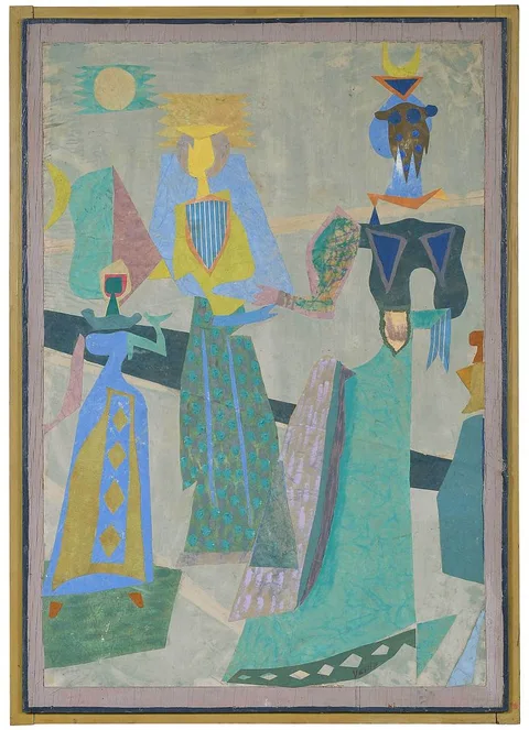 Jean Varda Abstract Figural Collage, Three Standing Women, mixed media with collage on plywood panels