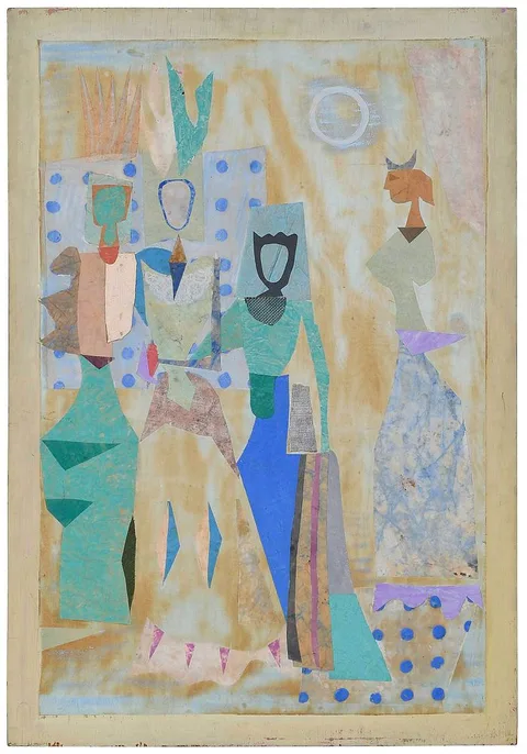 Jean Varda Abstract Figural Collage, Prothalamion, mixed media on plywood panel