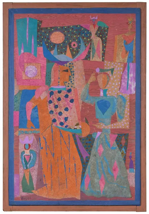 Jean Varda Abstract Figural Collage, Mythic Figures, mixed media on wood panels