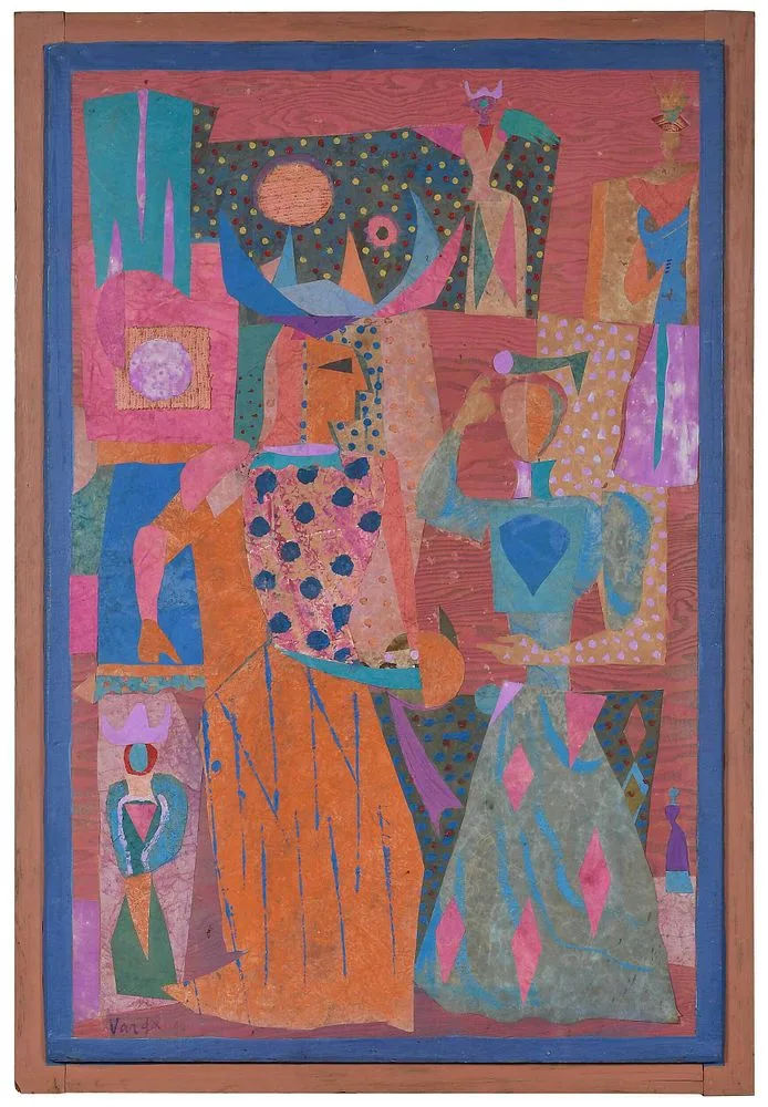 Jean Varda Abstract Figural Collage, Mythic Figures, mixed media on wood panels
