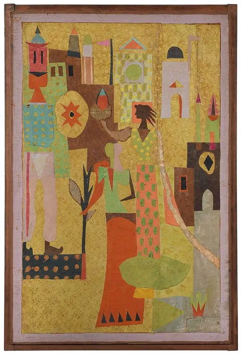 Jean Varda Abstract Figural Collage, Two Women Holding Blooms in a Garden with Guard, mixed media with collage on plywood panels