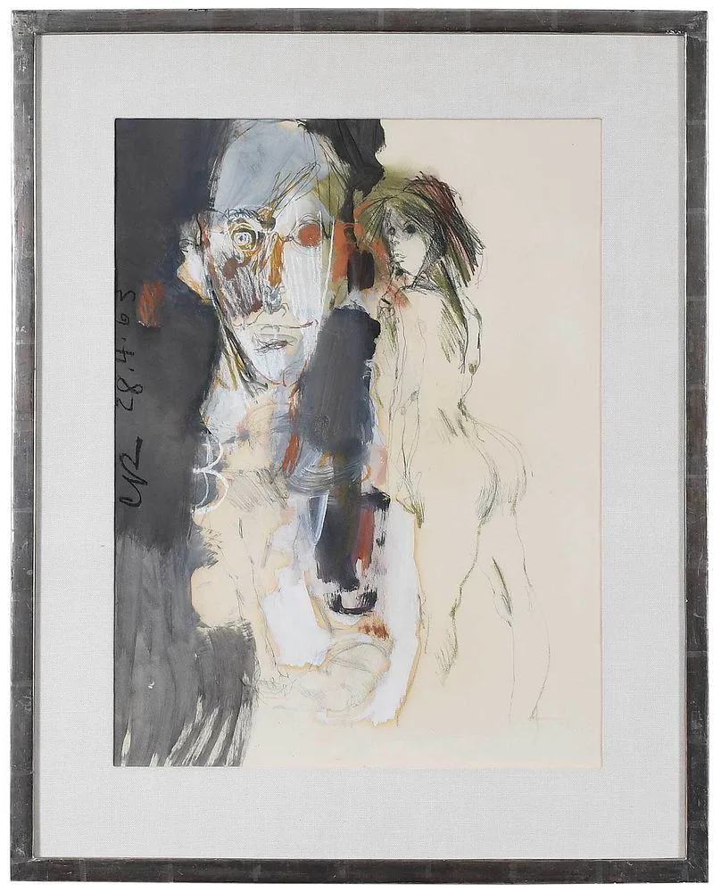 Craig Rubadoux Abstract Figural Drawing, Nude with Portrait Head, 1963, mixed media on cream paper