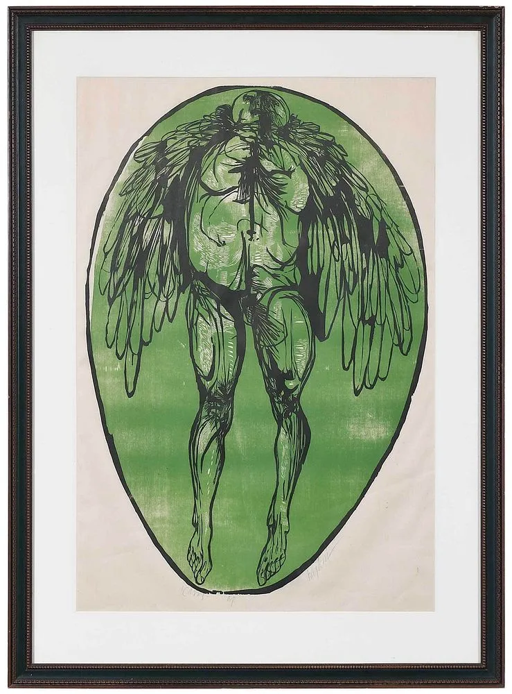 Leonard Baskin Print, Icarus, 1967, color woodcut on cream Japan paper