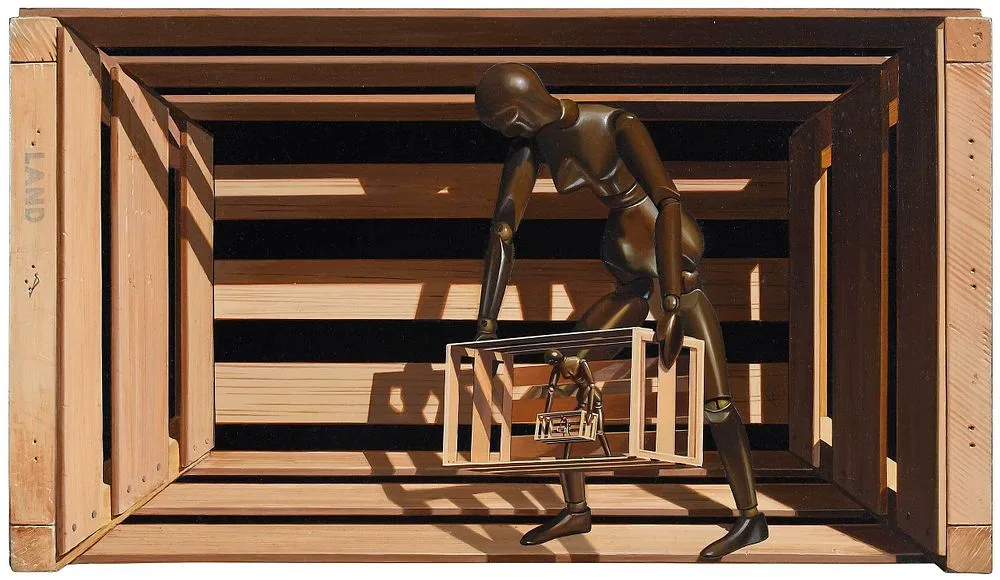 The Crate by Ernest Albert Land, trompe l'oeil oil on Masonite, sold Nov 2021
