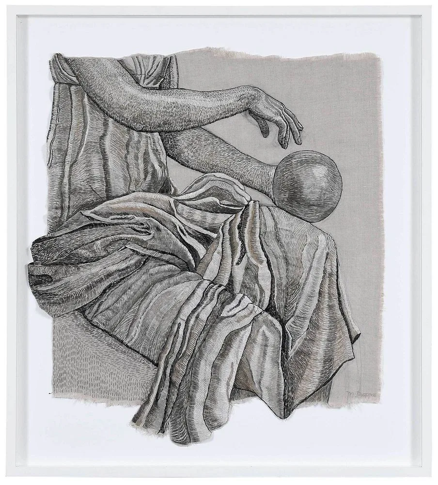 Marilyn Pappas, Seated Muse with Sphere from the "Fragments" series, possibly of Urania, the Greek muse of astronomy, draped and stitched cotton on linen