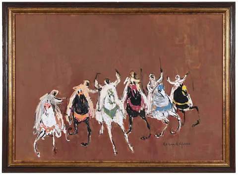 Fantasia Horsemen by Hassan El Glaoui, gouache on Masonite, sold Nov 2021