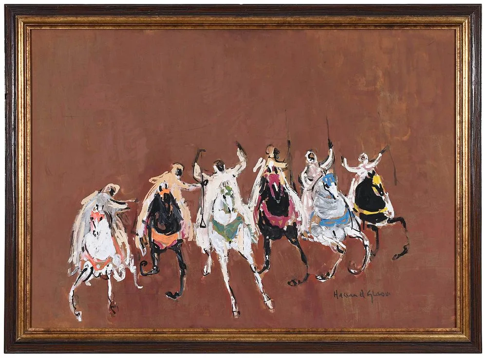 Hassan El Glaoui, Fantasia Horsemen, gouache on Masonite