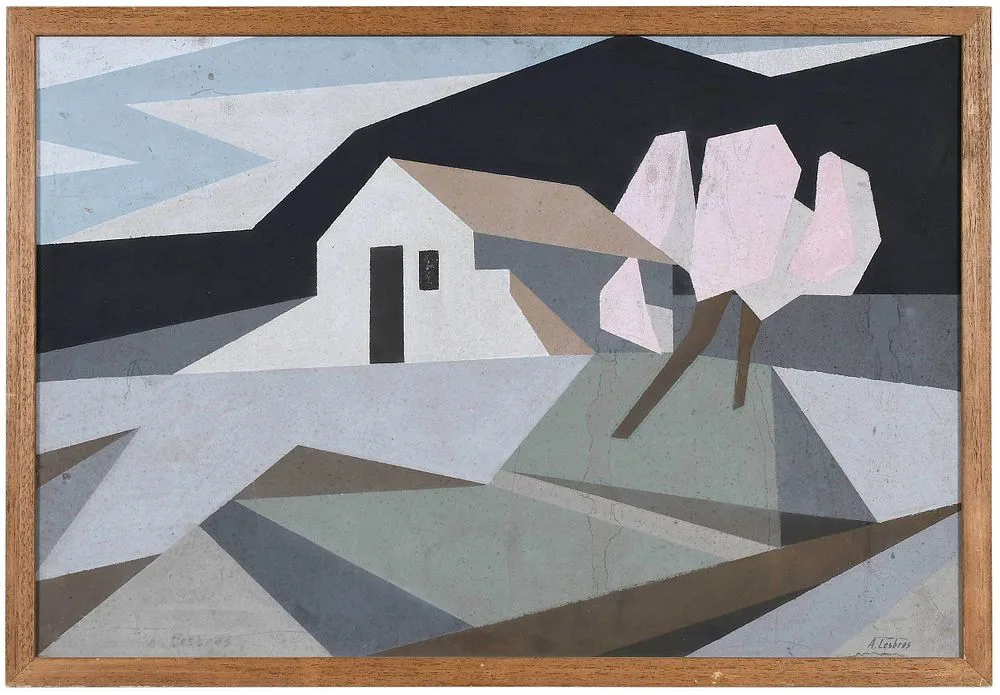 Alfred Lesbros, House in Spring, gouache or tempera on paper board