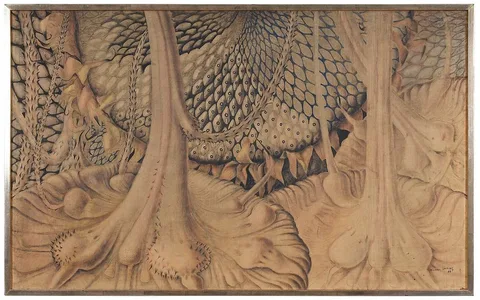 Michel Lablais, Surreal Sunflowers, 1964, mixed media on silk laid on board