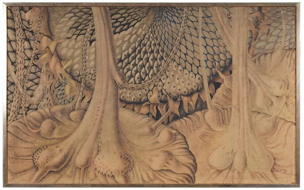 Michel Lablais, Surreal Sunflowers, 1964, mixed media on silk laid on board