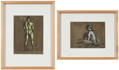 Roy Nydorf, Two Nudes: Seated Female Nude and Standing Male Nude, each signed "Nydorf", brown ink, wash, gouache on paper,ÿeach