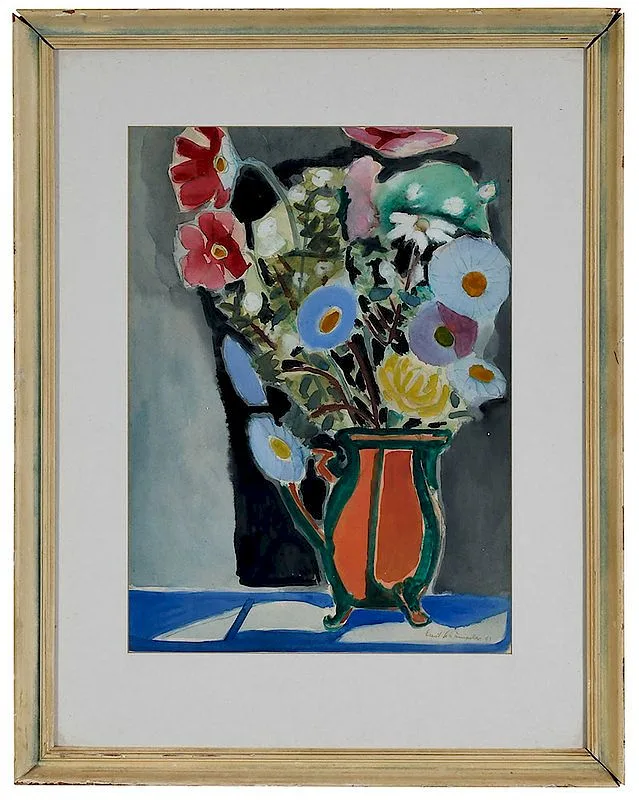 Ernst Schumacher, [Stilleben mit roter vase] (Still Life with Red Vase), 1953, watercolor over crayon on paper