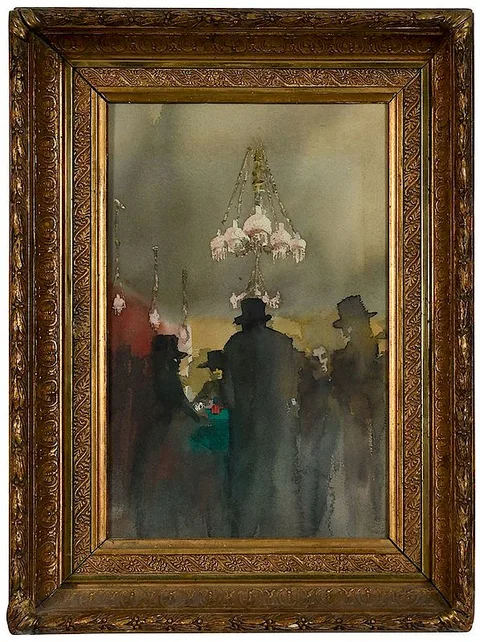 Ethel Brundage, The Poker Game, not apparently signed, watercolor on paper