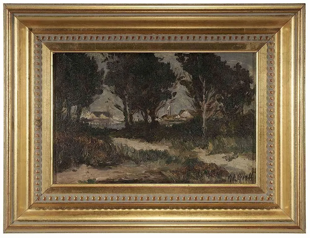 New England Harbor by Albert Lorey Groll, oil on canvas board, sold Nov 2016