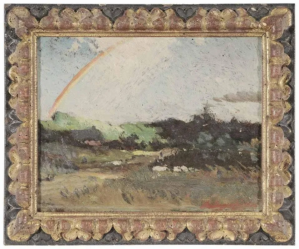 Rainbow Over a Mountain Ridge by Elliott Daingerfield, oil on fiberboard, sold Nov 2016