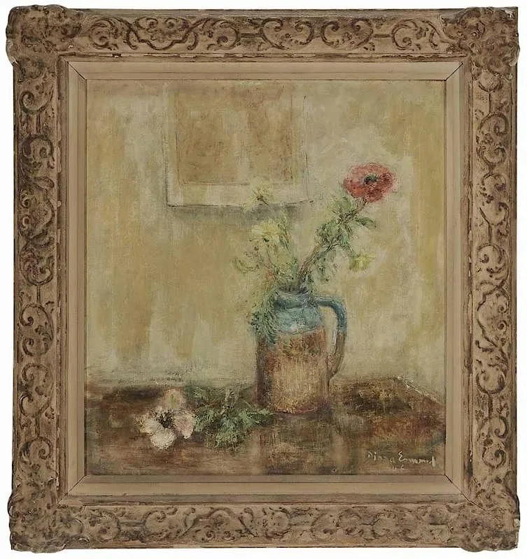 Still Life of Pottery and Poppy and Chrysanthemums by Diana Emmet, oil on canvas, sold Nov 2016