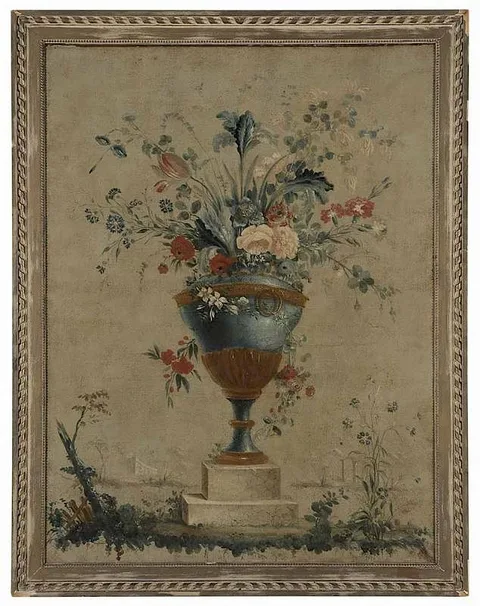 Michel-Bruno Bellengé, Still Life of Spring Flowers in a Marble Urn, set in a landscape, oil on canvas