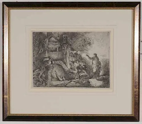The Raising of Lazarus (B. 6), II/IV by Giovanni Benedetto Castiglione, circa 1648, etching on paper with fleur-de-lis within single line circle surmounted by pointed crown (Similar to Gravell No. 798), offered Oct 2016