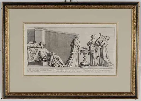 Roman Wedding Ceremony, [In geniali thalamo referentis ad Arcum Gallieni Visitur in Aldobrandinis Pamphilianis artis exemplar, et miraculum…] plate 61 from [Admiranda Romanarum Antiquitatum] by Pietro Santi Bartoli, 1693, engraving on laid paper, offered Oct 2016
