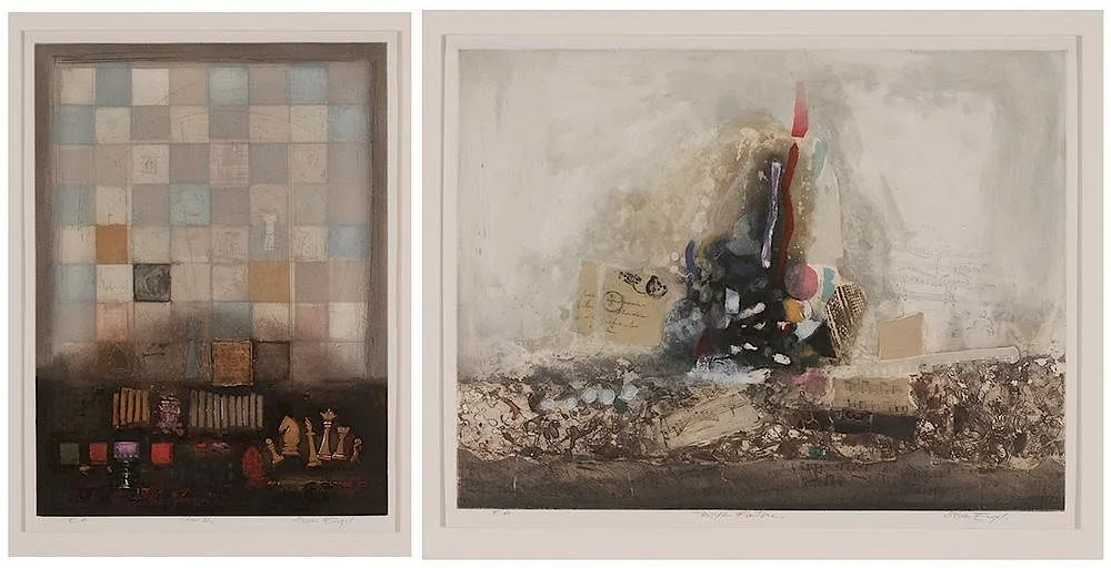 Two abstract compositions: Chess 83 by Nissan Engel, color etching on paper, offered Sep 2016