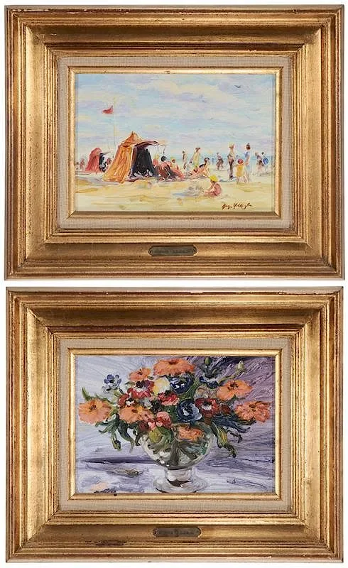 Georges Yoldjoglou, [Les souci] a still life and [Le Touflie] beach scene, two paintings, circa 1986, oil on canvas