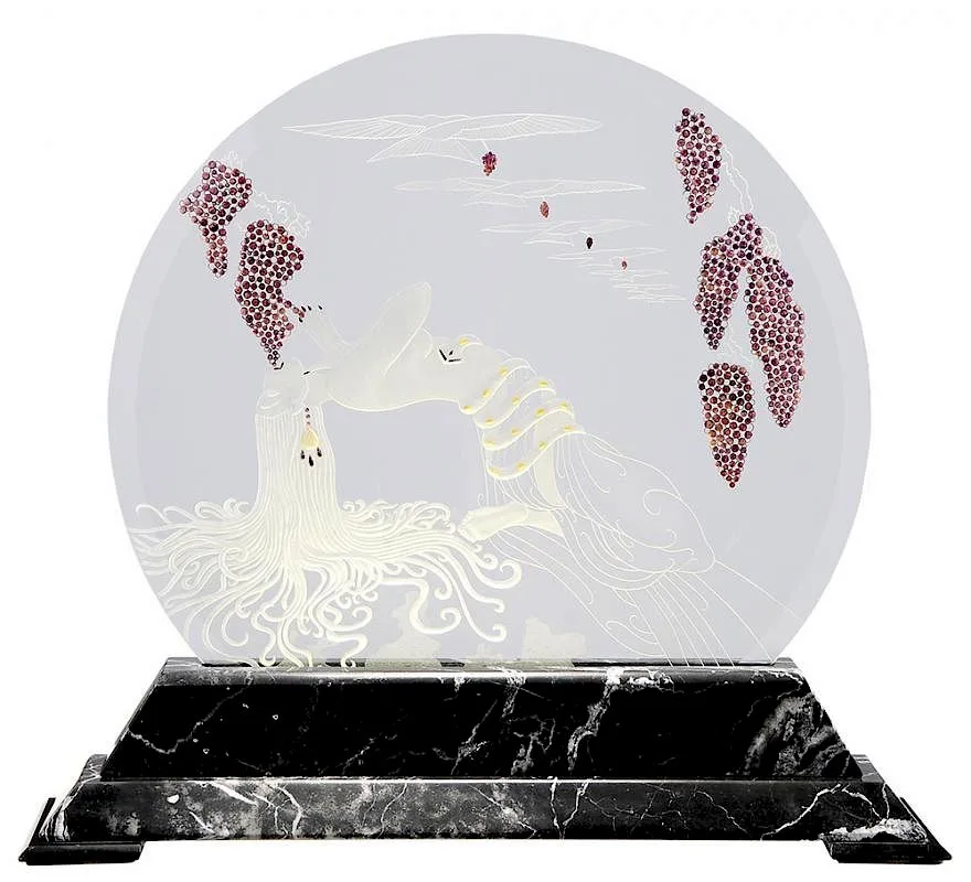Ertä, Vintage, 1984, gilt carved glass on black marble stand