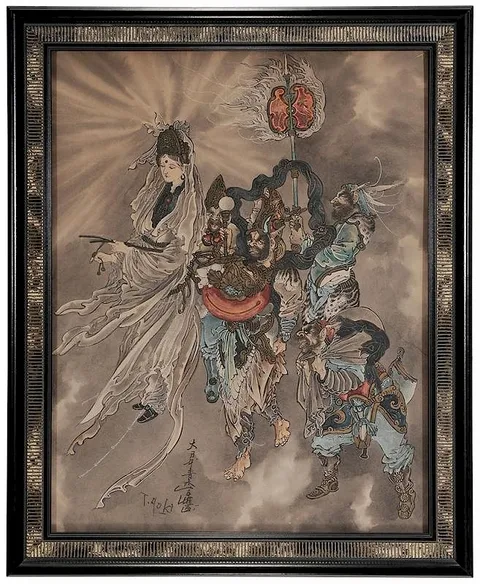 Toshio Aoki, Untitled, Watercolor (plus perhaps gouache) on paper of Kannon goddess of mercy guarded (captured?) by the guardians of the four directions