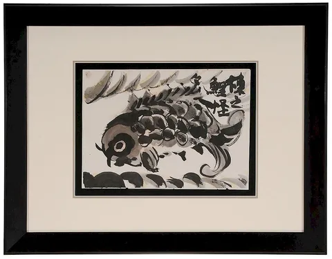 Munakata Shik?, Carp swimming against waves, late 1940s, black ink on paper ([sumi-e]) with light yellow and reddish pigment highlighting carp and waves