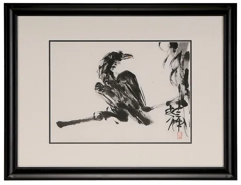 Munakata Shik?, Raven on tree branch, late 1940s, black ink on paper ([sumi-e])