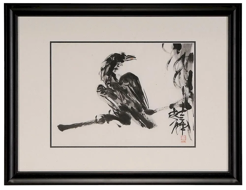 Munakata Shik?, Raven on tree branch, late 1940s, black ink on paper ([sumi-e])