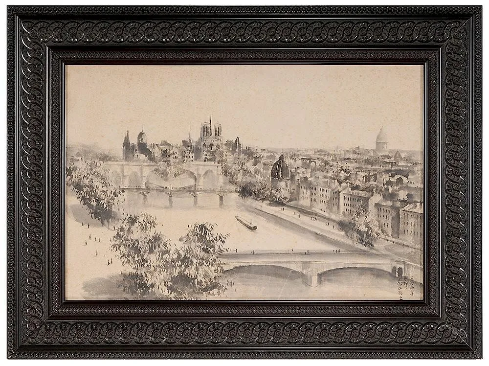 Birdseye View of Paris by Hiroyuki Moriyama, circa 1964, ink and ink wash on paper, sold Sep 2016