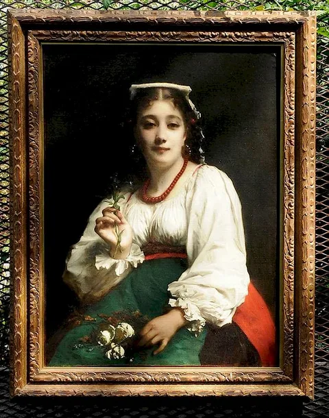 Etienne Adolphe Piot, A Seated Italian Beauty Holding Flowers, oil on canvas
