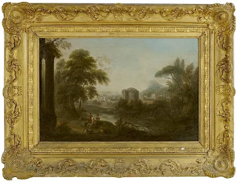 Giacomo van Lint, Classical Landscape with Figures Resting Above a River with Classical Temple Beyond (possibly the pair to 512), oil on canvas