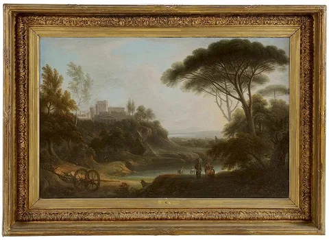 Giacomo van Lint, Classical Landscape with Figures Under a Tree by a Lake, distant Castle on Hill (possibly the pair to lot 511), oil on canvas