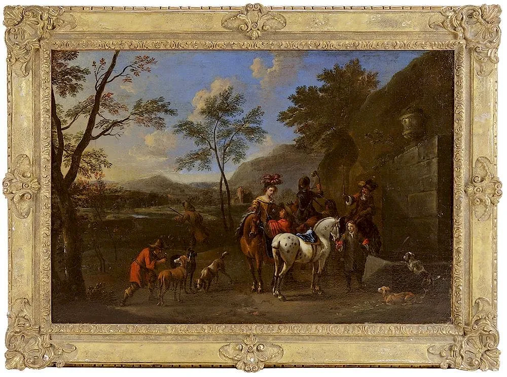 Francisus Hamers, Hunting Party at a Watering Fountain, circa 1660, oil on canvas