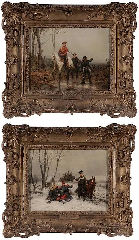 Christian Sell the Elder, A pair of finely painted military scenes: Soldiers Reporting to an Officer on Horseback and Soldiers Aiding the Wounded, both signed "Chr. Sell/1882, oil on panel