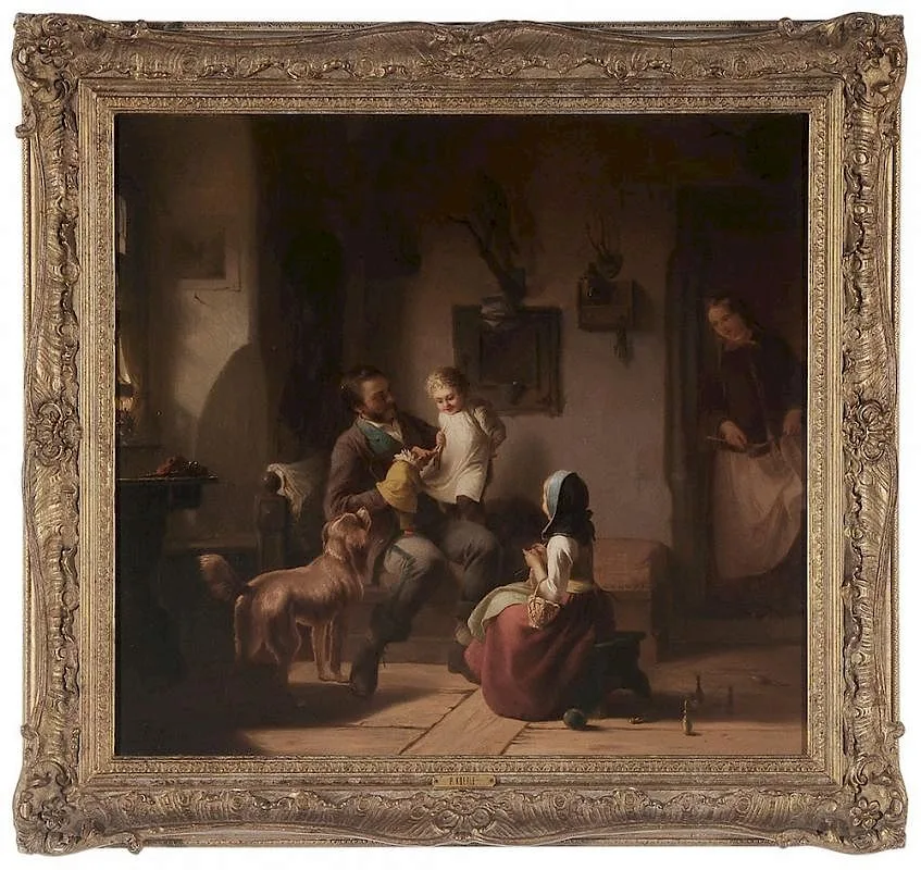 Pancratz Köerle, Family Scene, father with puppet playing with a toddler, oil on canvas