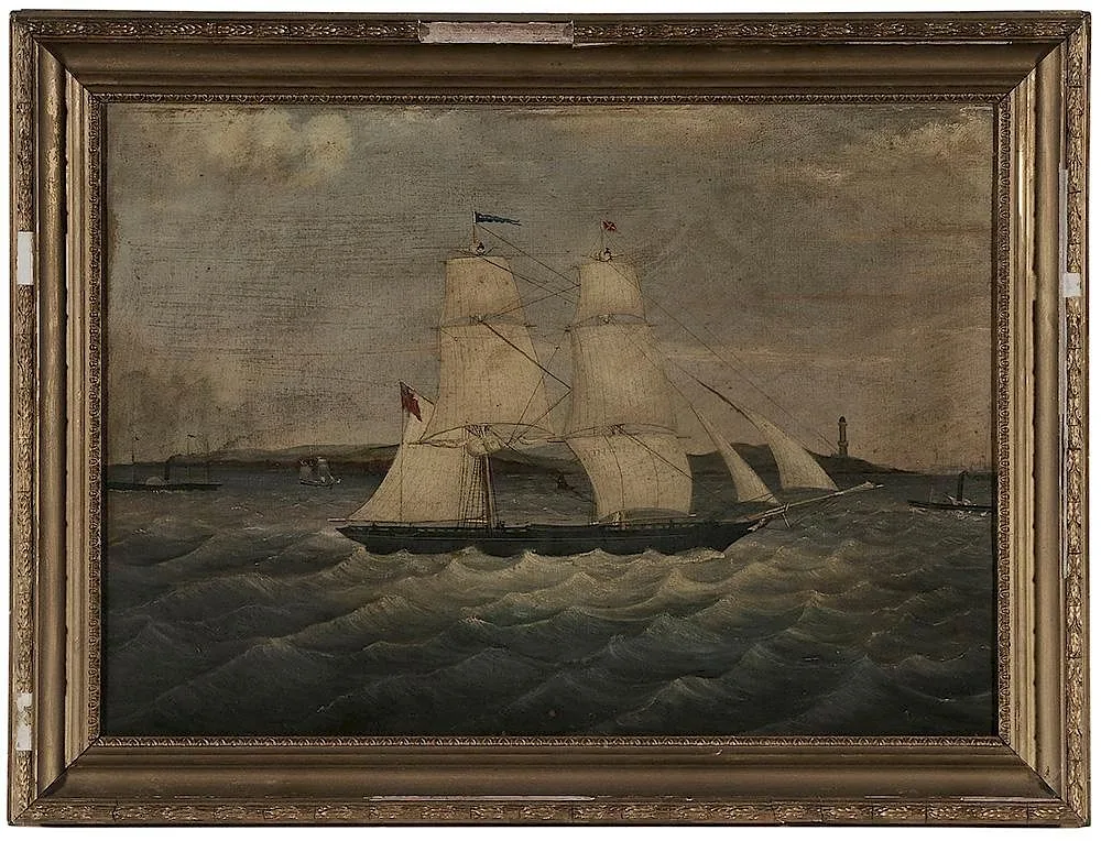 R.G. Sivewright, Sailing Vessel [Nonsuch] in a Harbor with Paddle Steamers, oil on canvas
