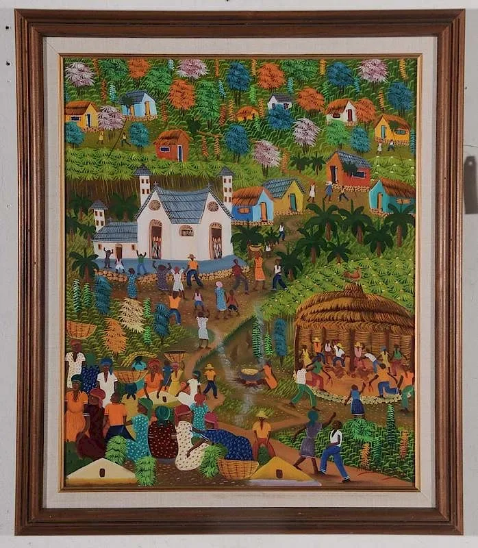 André Nazaire, Village Scene, oil or acrylic on canvas