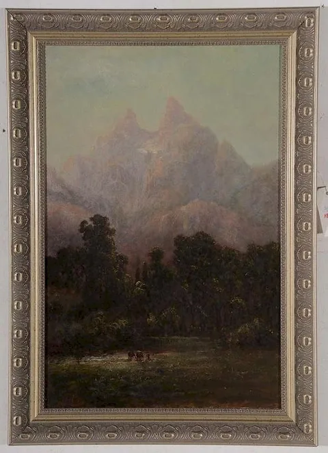 George W. King, Mountain Landscape with Cows Watering, oil on canvas