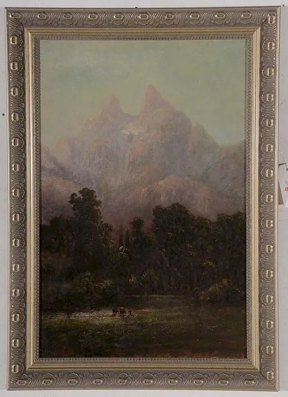 Mountain Landscape with Cows Watering by George W. King, oil on canvas, sold Dec 2015