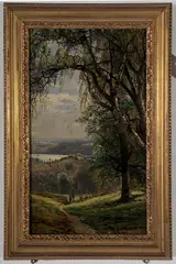 Edmund Darch Lewis, Landscape with a River and Two Figures at a Fence