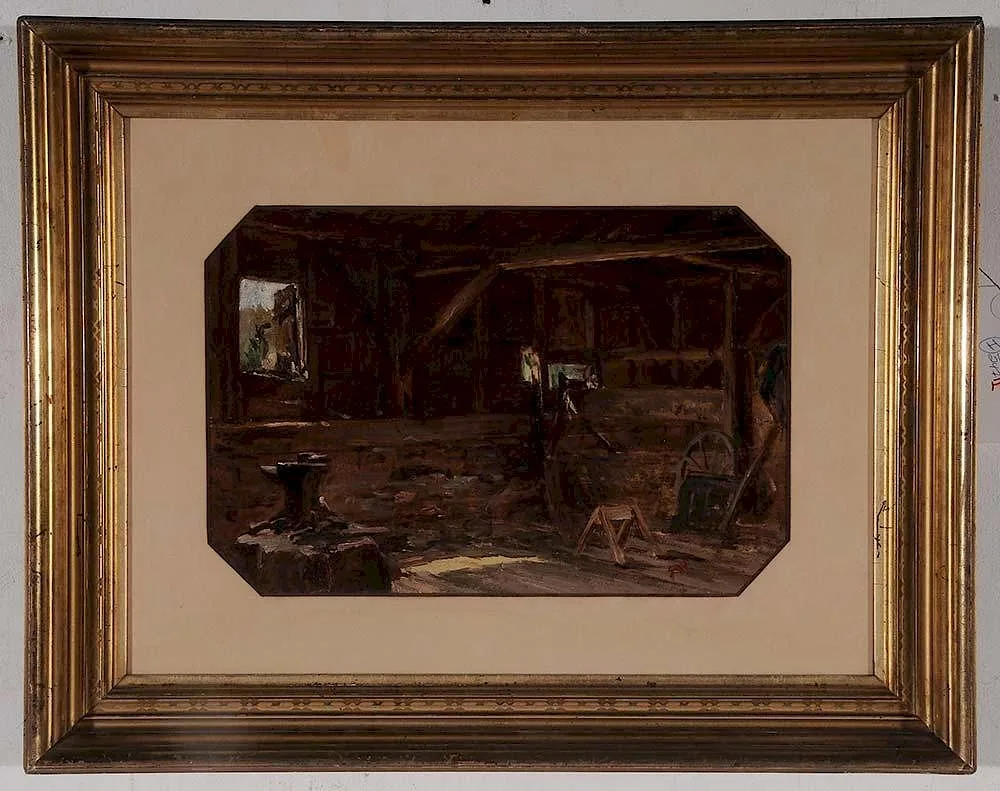 Edwin White, Interior of a Blacksmith Shop, oil on paper laid on card